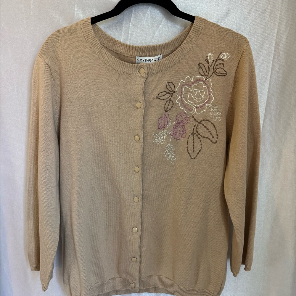 Covington Women's Beige Cardigan with Floral Design NWT